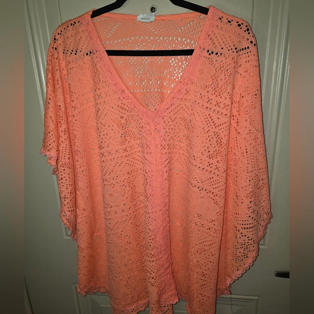 2 For $20 Coral Crochet Swim‎ Cover Up Top Size M oversized Boho Beach V-Neck